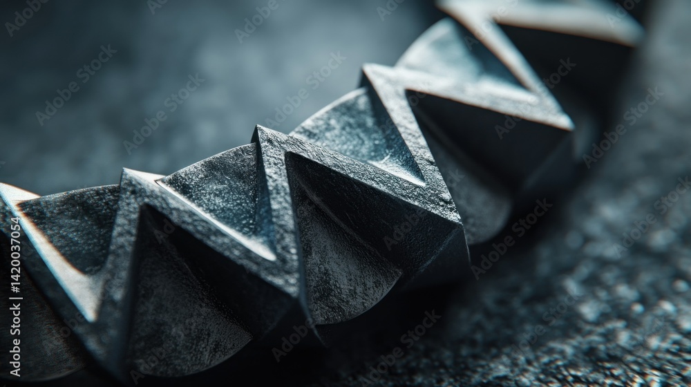Poster a close up photograph showing sharp zig zag metal shapes