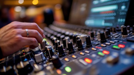 Radio host's hands skillfully adjust sound mixer knobs in a professional studio setting during a live broadcast
