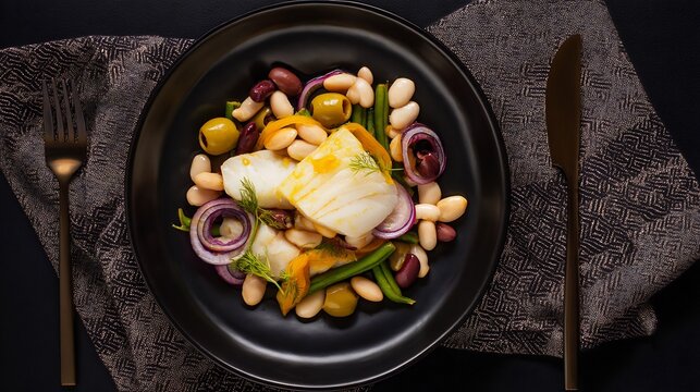 Spanish dinner dish empedrat Catalan cold salad cod beans olives and onions colorful and healthy evening meal captured on matte black ceramic background in top down view