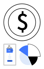 Dollar sign, mobile payment interface, blue-black pie chart. Ideal for finance, payment, budgeting, analytics, business digital currency economy. Flat simple metaphor
