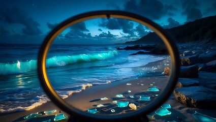 Ocean Wave Scene Through Hoop Frame at Night with Sea Glass