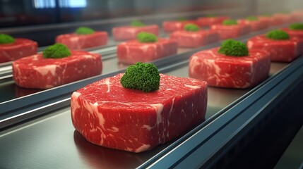 Conveyor belts transporting freshly packaged meat in a sterile factory environment
