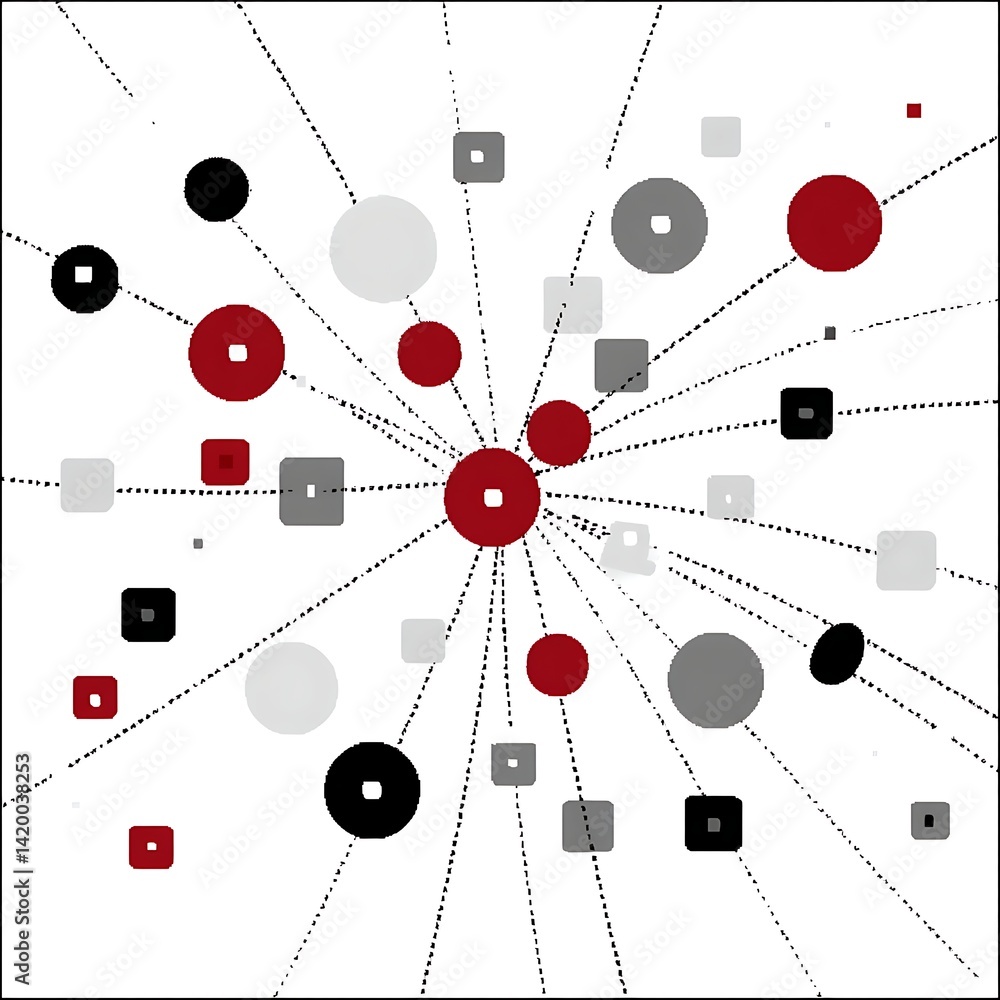 Poster concentric distribution of circles and squares in a dynamic, abstract geometric composition.