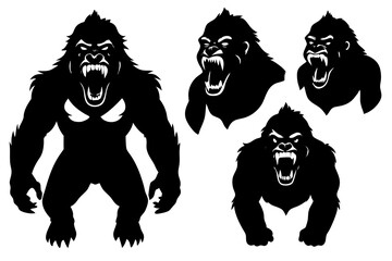 set of Angry Gorilla vector silhouette illustration isolated on white background