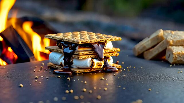 Melting s&rsquo;mores with chocolate and marshmallow over firepit in outdoor setting