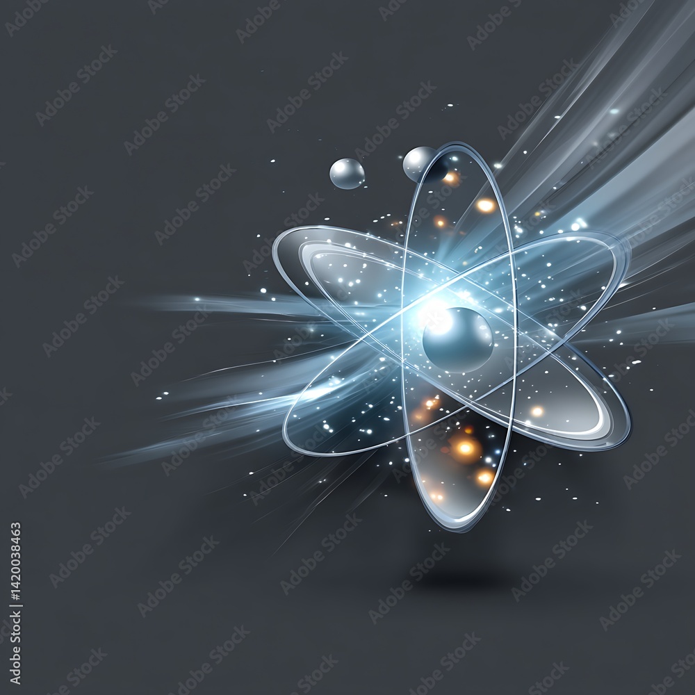Aufkleber conceptual atom model with orbiting particles in a stylized artistic arrangement.