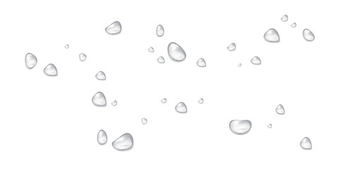 Realistic water drops on a transparent background, condensation on the surface with light reflection and shadow, vector, png, 3D effect.	
