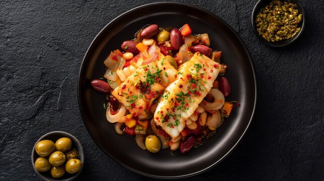 Spanish dinner dish empedrat Catalan cold salad cod beans olives and onions colorful and healthy evening meal captured on matte black ceramic background in top down view