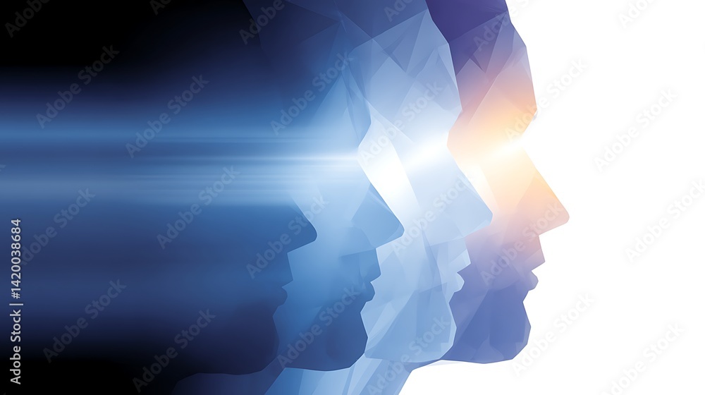 Aufkleber conceptual faces in gradient blue tone with light burst representing thinking and perspective