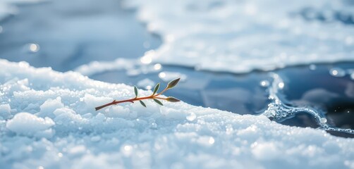 Obraz premium A single sage sprig rests on pristine ice, winter's stillness, texture, cold, crisp
