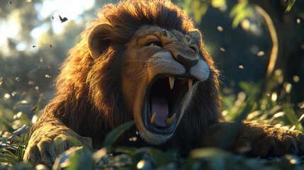 The lush green tropical jungle is home to a powerful roaring lion, showcased in 3D art as a big cat with a distinctive wild mane, symbolizing the wild king of mammals