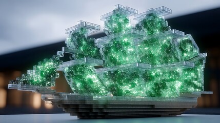 Obraz premium Conceptual Ship Structure with Green Crystals Futuristic Vessel Design and Artistic Display.