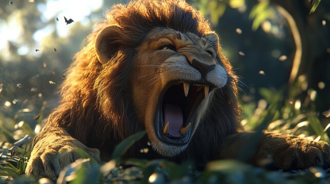 The lush green tropical jungle is home to a powerful roaring lion, showcased in 3D art as a big cat with a distinctive wild mane, symbolizing the wild king of mammals