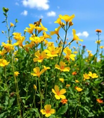 Fototapeta premium Bright yellow and orange Bacopa monnieri blossoms against a vibrant blue sky in a lush herbal garden, texture, detail