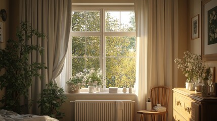 Green and brown tones dominate the image of a modern wooden chest of drawers, plants, and a blank frame, which embodies a home room decor style