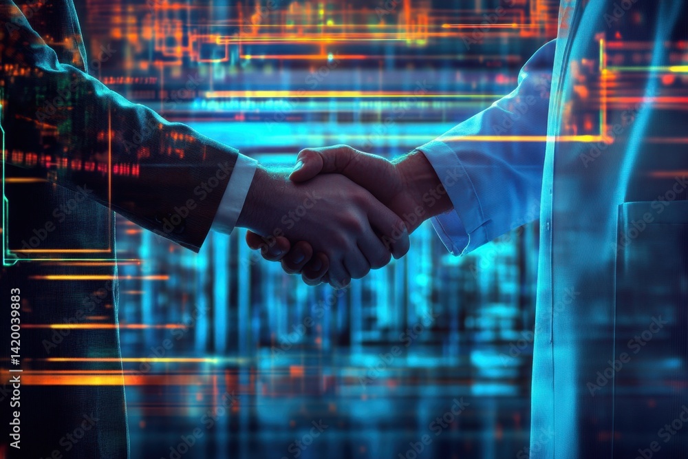 Poster futuristic business partnership with data visualization and technology elements in digital environme