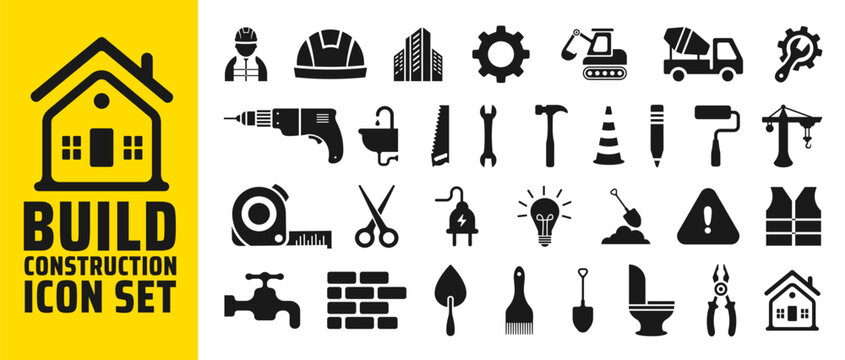 set of build home building construction tools icons. Property, Industry and Construction Development tools icon. Housing Project, Real Estate Residential icon bundle. Construction flat icons set.