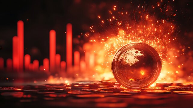 Explosive bitcoin market trend with currency coin and trading graph image