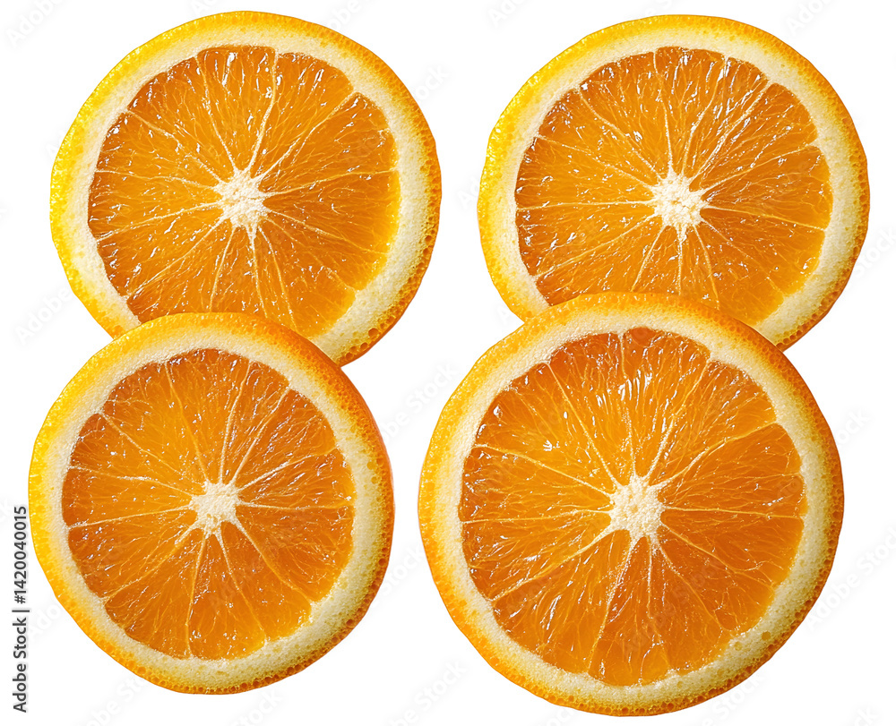 Poster orange slice isolated top view. orang round slices flat lay on white background. high angle view. fu