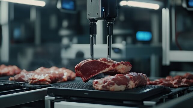 High-tech weighing and packing station with fresh meat on sensor-enabled platforms - Powered by Adobe
