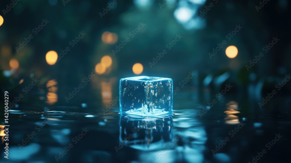 Poster a single illuminated ice cube reflecting in a puddle of water