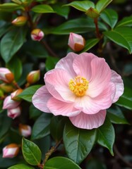 Obraz premium Delicate pink camellia, vibrant green foliage, details, vibrant, petals