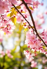 Obraz premium Delicate pink cherry blossoms dancing on a gentle breeze, bathed in sunlight, pretty, garden, springtime