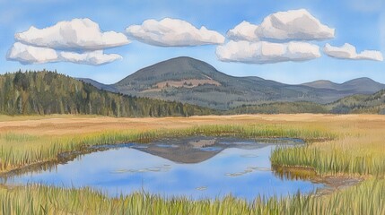 Fototapeta premium Mountains Reflection Marsh serenity with tranquil water reeds a clouddotted sky