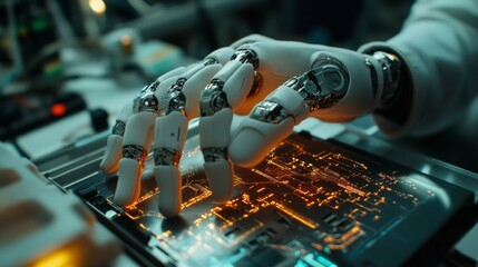 Robotics engineer adjusting wiring of a humanoid robot hand to test dexterity and enhance functionality in a workshop setting