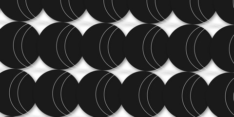  vector illustration featuring a diagonal arrangement of overlapping large black circles on a white background. Each black circle contains three thin, white, concentric arcs on the upper righ