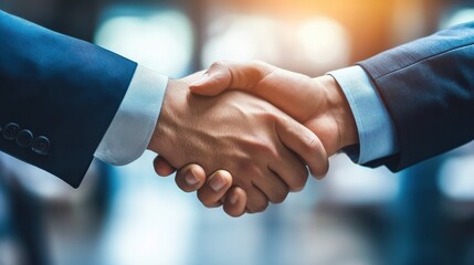 Two happy diverse professional business men executive leaders shaking hands at office meeting. Smiling businessman standing greeting partner with handshake. Leadership, trust, partnership concept.