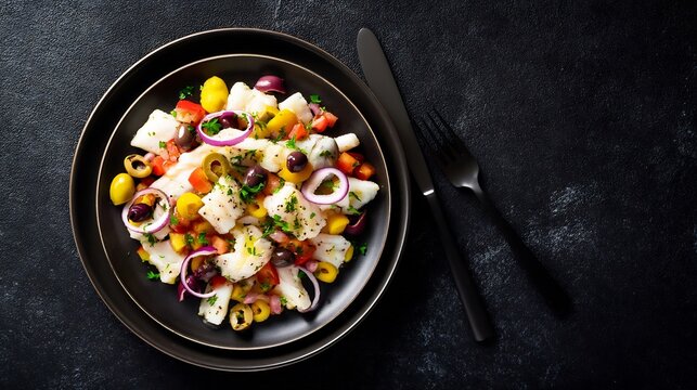 Spanish dinner dish empedrat Catalan cold salad cod beans olives and onions colorful and healthy evening meal captured on matte black ceramic background in top down view