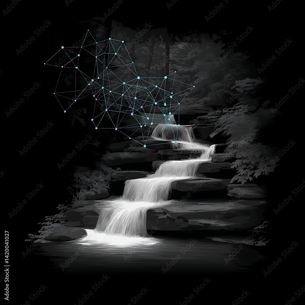 Poster connected waterfall digital network landscape flowing data stream abstraction technology scenery.