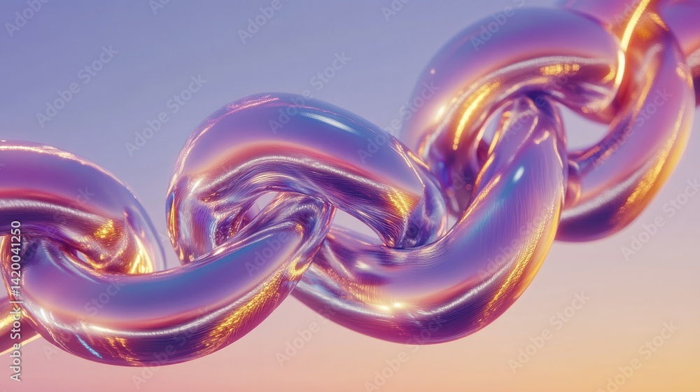Poster shiny metallic chain links in a vibrant gradient colored background