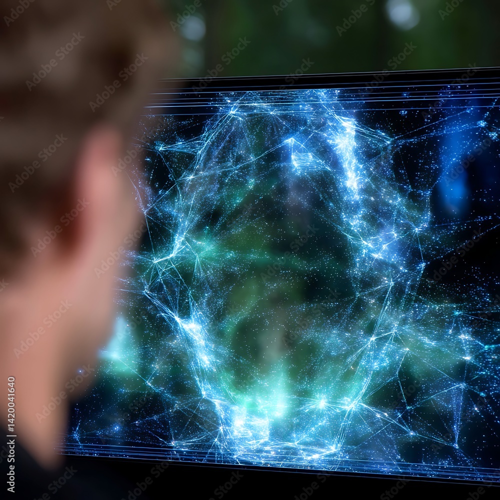 Poster contemplation of interconnected network displayed on screen focused on innovation and technology.