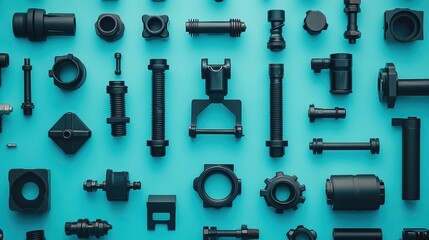 Obraz premium Pipe fittings and nozzles arranged neatly on a high-contrast teal surface