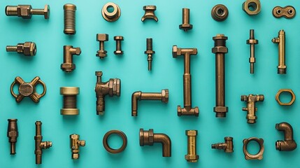 Obraz premium Pipe fittings and nozzles arranged neatly on a high-contrast teal surface