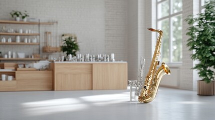 Modern cafe interior with saxophone