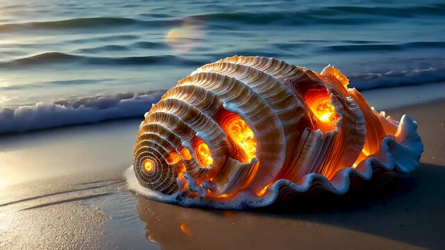 Glowing lava shell resting on beach with ocean waves and sunset light