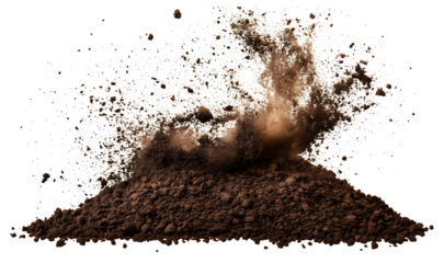 Flying Pile of Loose Soil and Dirt Particles Isolated on White Background – Dynamic Earth Debris Explosion for Nature, Agriculture, and Environmental Design on islated transfarent background, PNG.