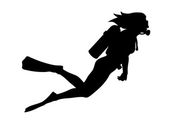 Silhouette of a Female diver with a scuba tank diving