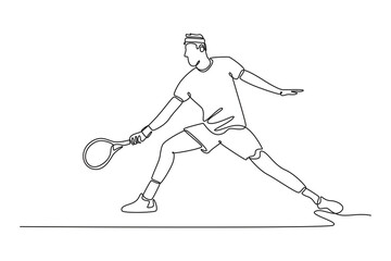 Fototapeta premium Continuous one line drawing male tennis player hitting the ball with forehand method. Sportsman practicing skills and techniques on outdoor field. Single line draw design vector graphic illustration
