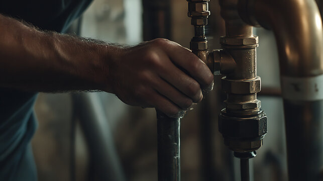 Plumber fitting copper pipes for water system installation. Featuring precision and expertise