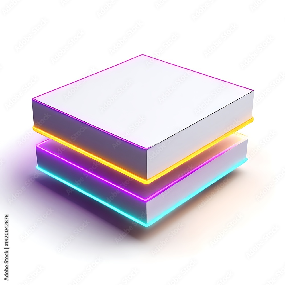 Poster abstract 3d render of stacked cubes with neon lights