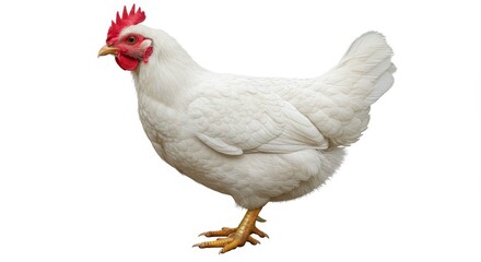 Domestic White Hen Profile - A pristine white hen, feathers soft and fluffy, stands in profile. Symbolizing domesticity, rural life, agriculture, food production, and nature's simplicity