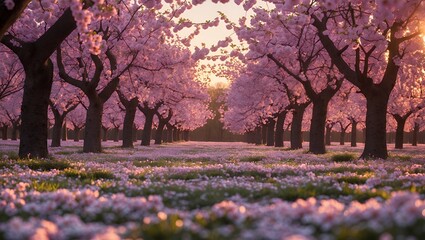 Blossoming Trees Create Pink Canopy Over Flower Meadow at Sunset