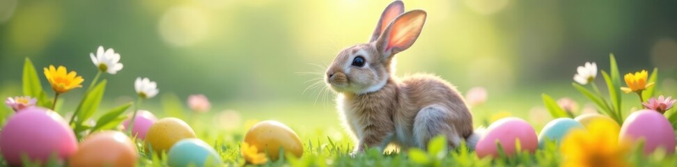 Fototapeta premium Happy Easter bunny surrounded by eggs and flowers , happy easter, eggs