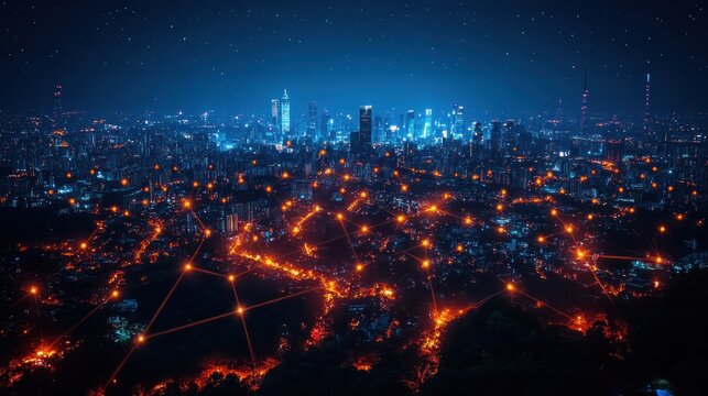 City network at night connecting urban landscape under starry sky