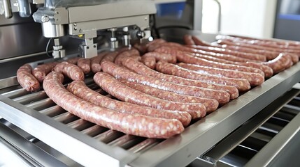 Sausage production line with linking machine and raw sausages neatly coiled