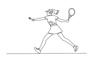 Single continuous line drawing professional female tennis player having a good game at an outdoor court. Perfect fit body, racket skills and focused. One line draw graphic design vector illustration